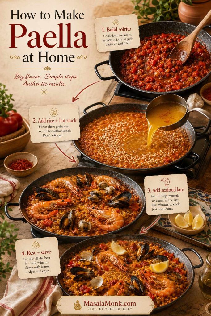 Four-step visual guide for making paella at home, showing sofrito, rice with hot stock, seafood added late, and rested paella.