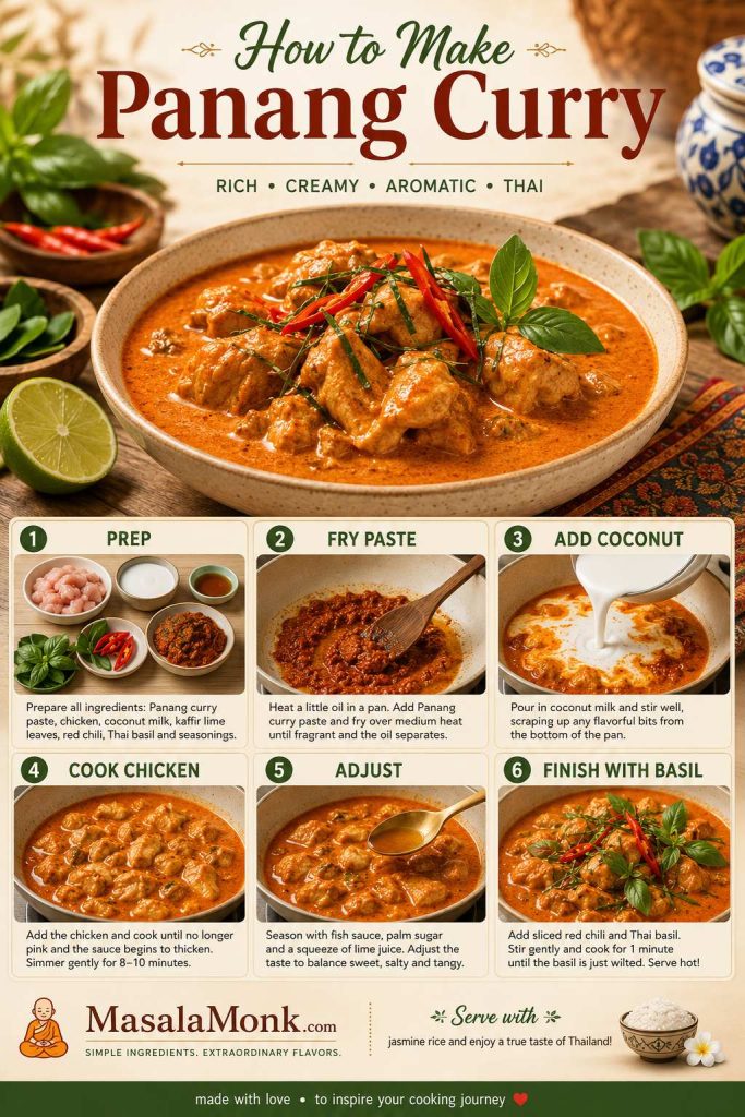 Step-by-step Panang curry board showing prep, frying paste, adding coconut, cooking chicken, adjusting, and finishing with basil.