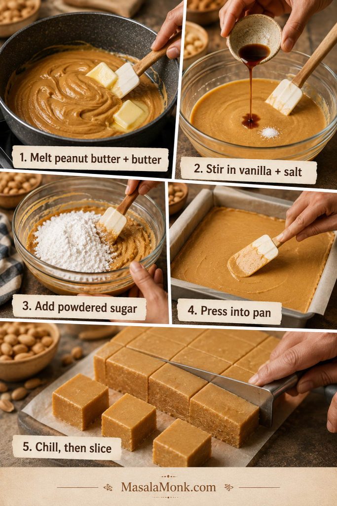 Step-by-step peanut butter fudge process showing melting, mixing, adding powdered sugar, pressing into a pan, chilling, and slicing.