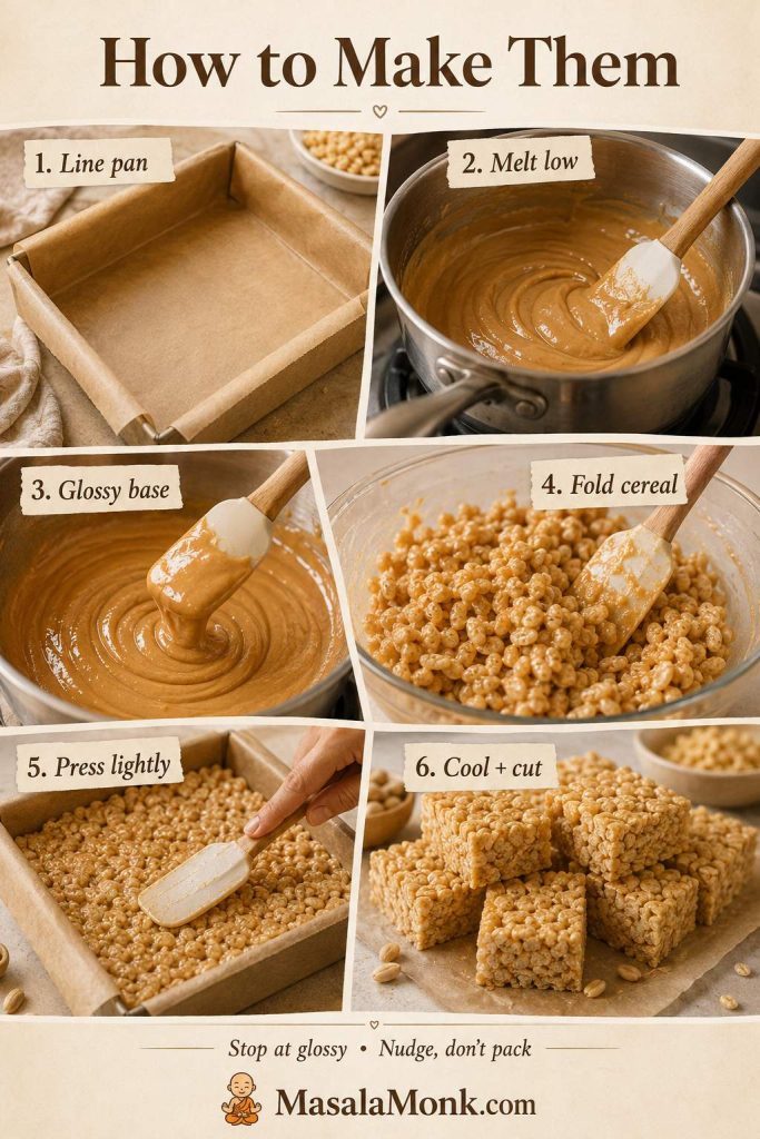 Step-by-step board showing how to line the pan, melt low, make the base, fold cereal, press lightly, and cut.