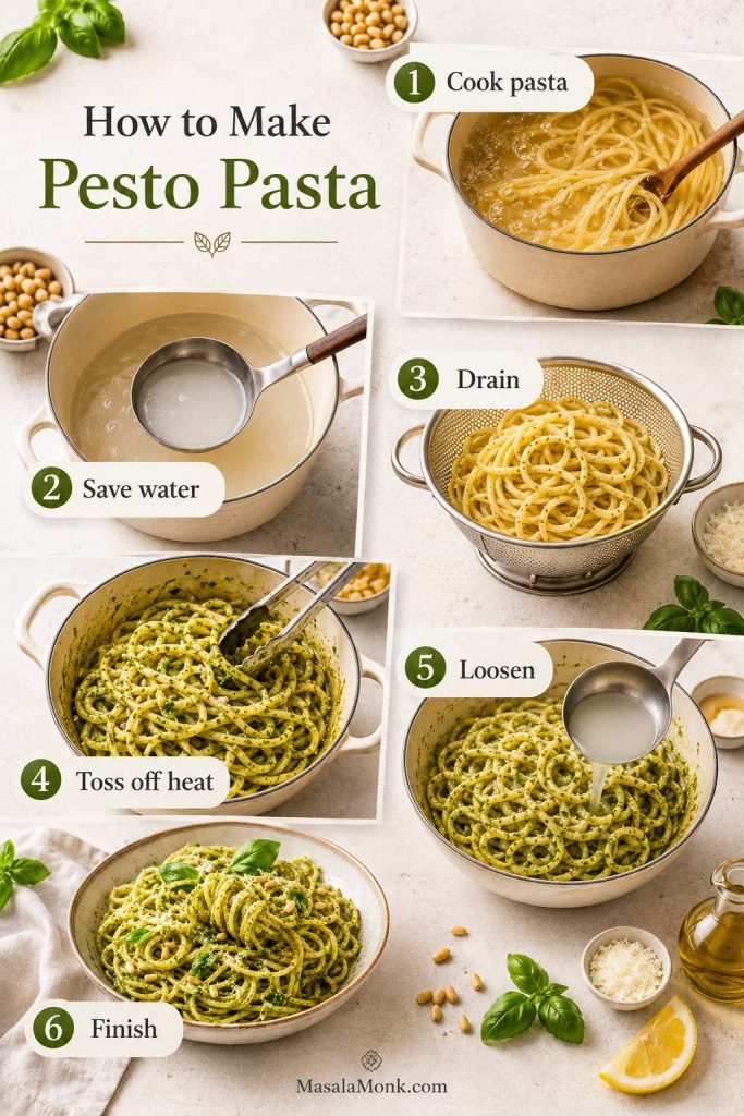 Step-by-step pesto pasta guide showing cooking pasta, saving water, draining, tossing off heat, loosening and finishing