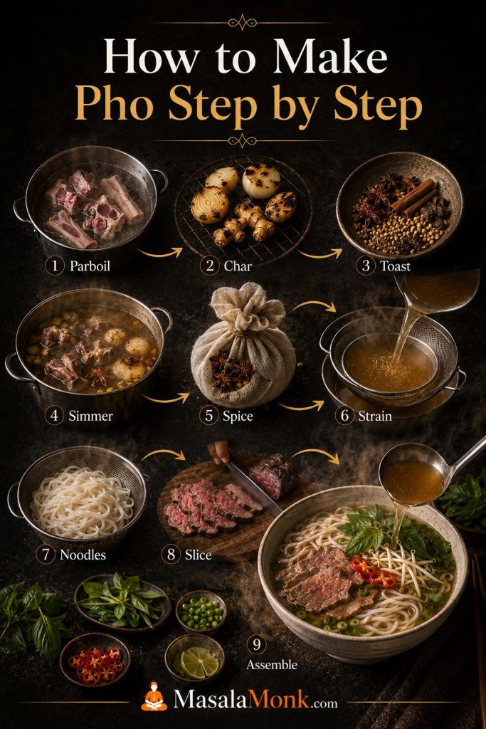 Step-by-step pho process showing parboiling, charring aromatics, toasting spices, simmering broth, straining, cooking noodles, slicing beef, and assembling bowls.