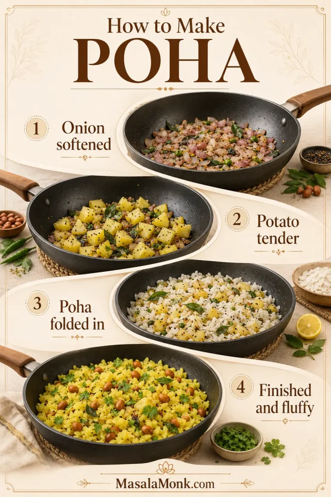 Step-by-step poha guide showing rinsing, resting, finger testing, frying peanuts, cooking onion and potato, folding poha, and steaming.