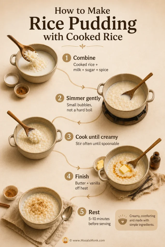 Five-step overview for making rice pudding with cooked rice, from combining ingredients to resting before serving.