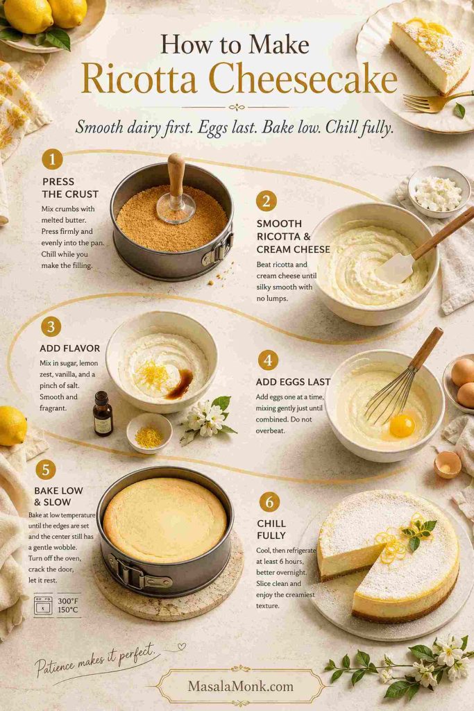 Step-by-step ricotta cheesecake process showing crust, smooth dairy, flavoring, eggs, baking, and chilling