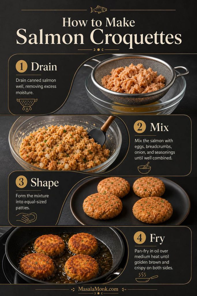 Four-step visual guide showing salmon being drained, binder being mixed, patties being shaped, and croquettes being fried