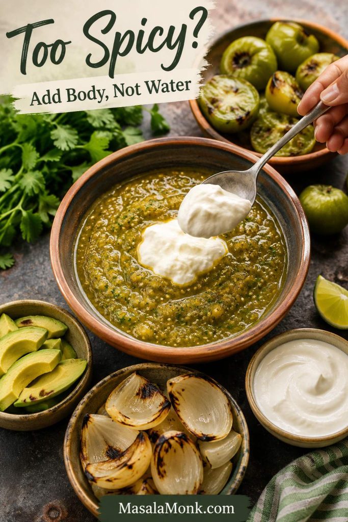 Salsa verde with avocado, crema, roasted onion, and cooked tomatillos used to reduce heat