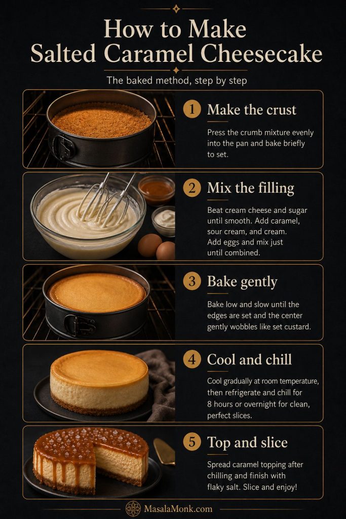 Step-by-step board showing how to make salted caramel cheesecake by baking the crust, mixing the filling, baking gently, chilling, topping, and slicing.
