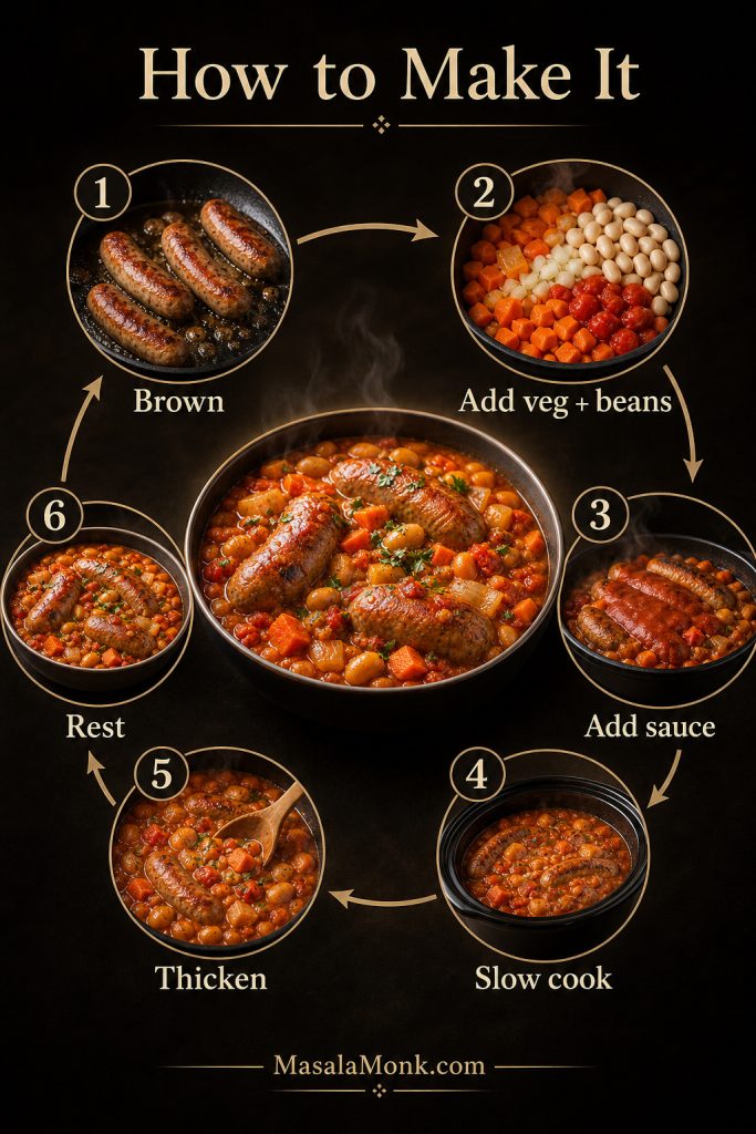 Step-by-step method for slow cooker sausage casserole showing browning, adding vegetables and beans, slow cooking, thickening and resting.