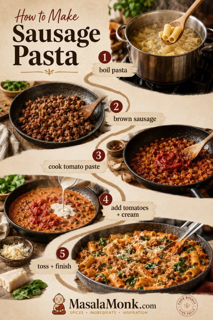 Step-by-step sausage pasta process showing boiling pasta, browning sausage, cooking tomato paste, adding tomatoes and cream, and tossing pasta.