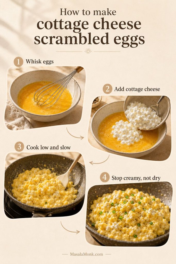 Step-by-step guide showing eggs being whisked, cottage cheese being added, eggs cooking gently, and the finished scramble.