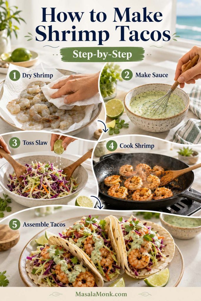 Step-by-step shrimp taco process showing drying shrimp, making sauce, tossing slaw, cooking shrimp, and assembling tacos