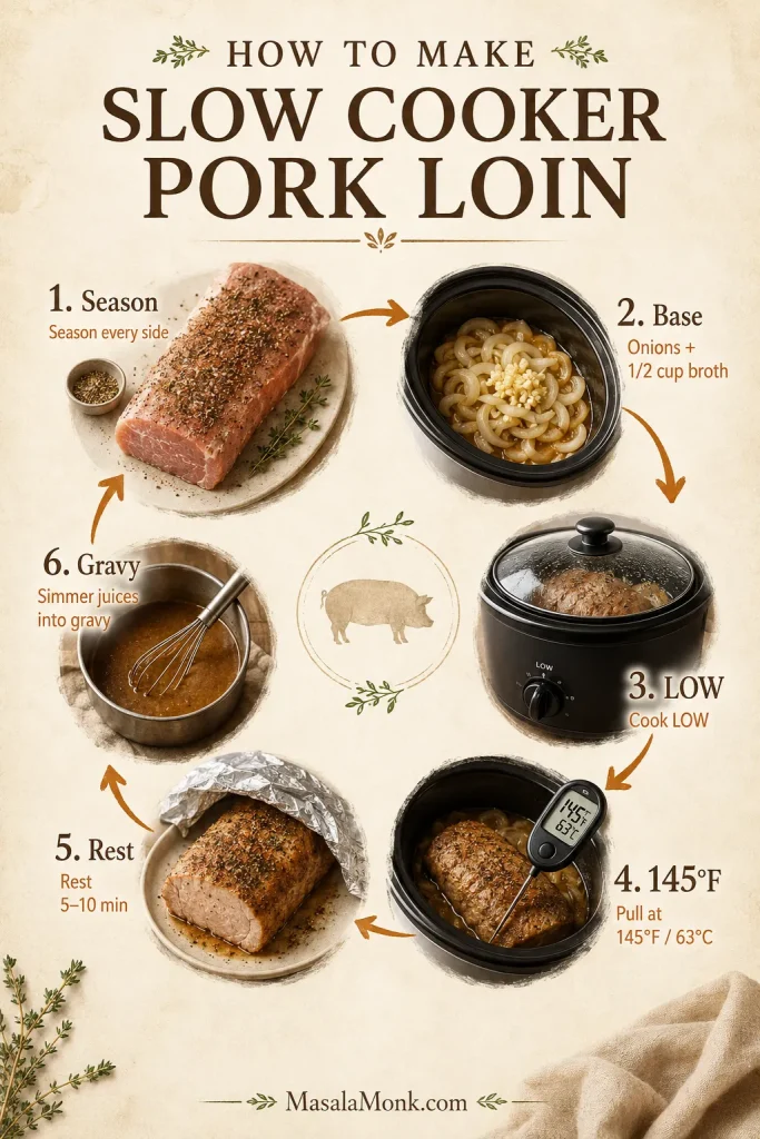 Step-by-step guide showing pork loin being seasoned, placed over an onion base, cooked on LOW, checked at 145°F, rested, and served with gravy.