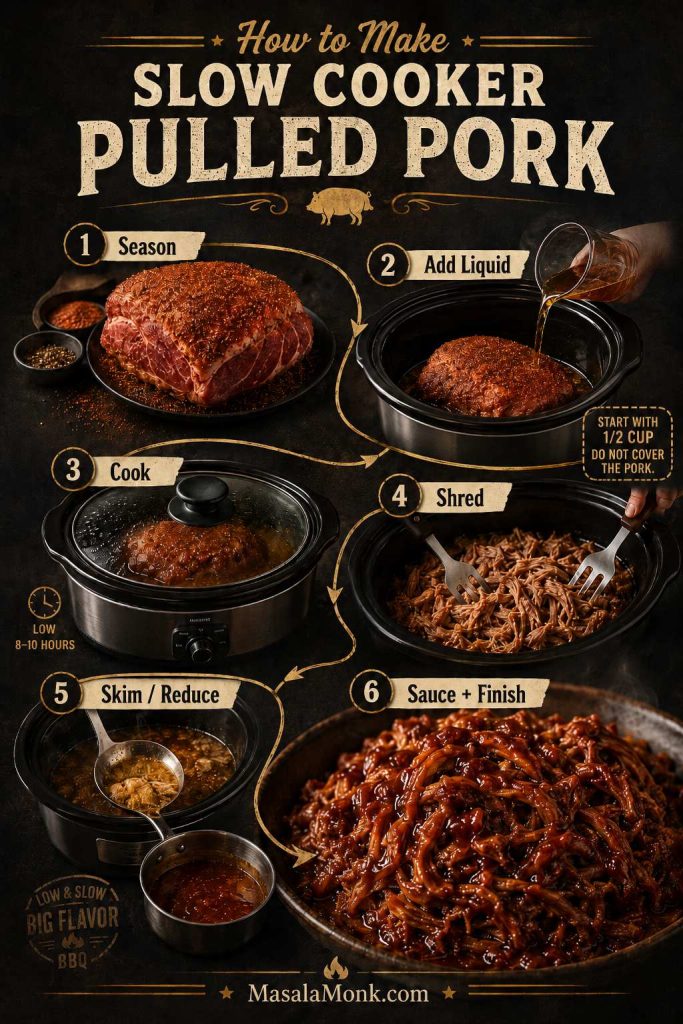 Six-step guide for slow cooker pulled pork showing season, add liquid, cook, shred, skim or reduce juices, and sauce to finish.
