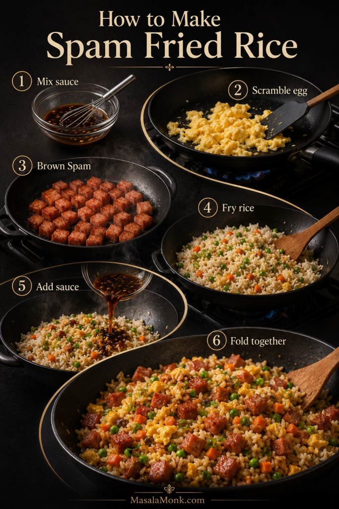 A step-by-step visual guide showing sauce mixing, egg scrambling, Spam browning, rice frying, sauce adding, and the finished fried rice.