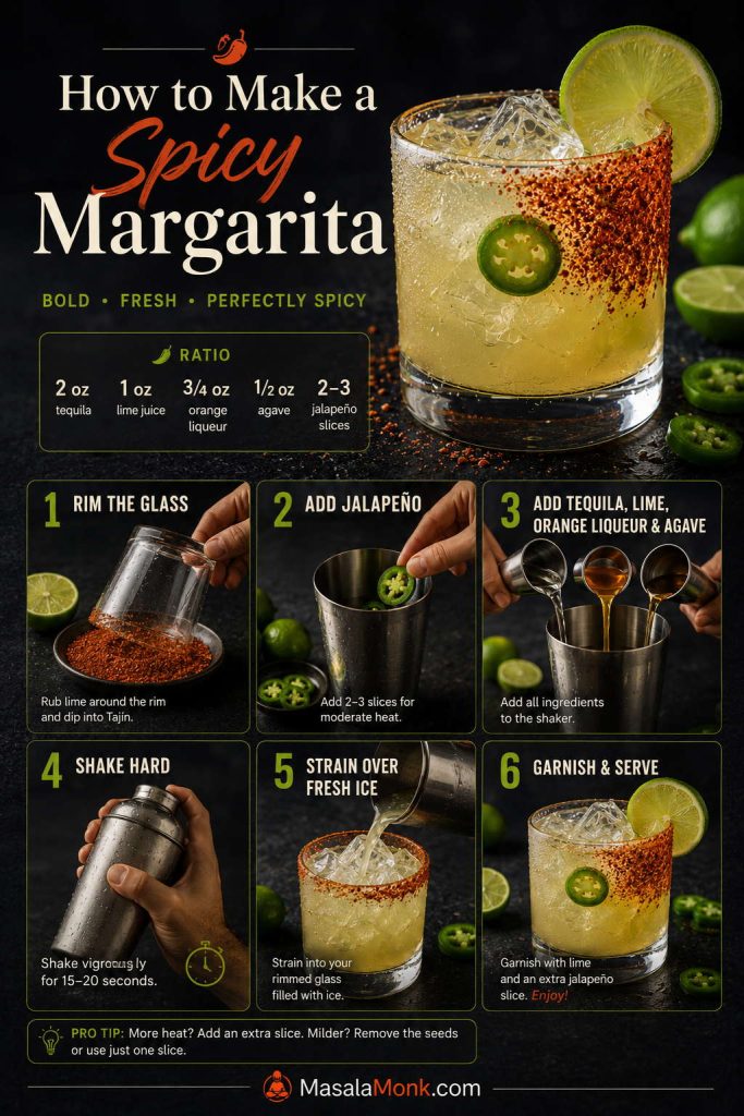 Step-by-step spicy margarita guide showing rimming the glass, adding jalapeño, adding liquids, shaking, straining over fresh ice, and garnishing.