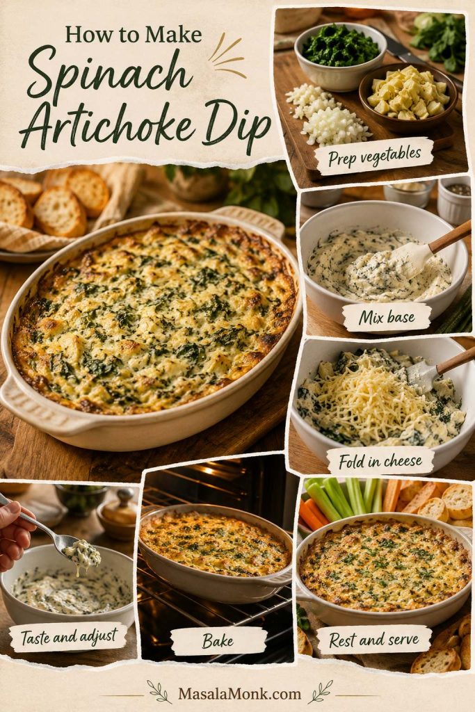 Step-by-step guide showing vegetable prep, base mixing, cheese folding, baking, and resting for spinach artichoke dip.