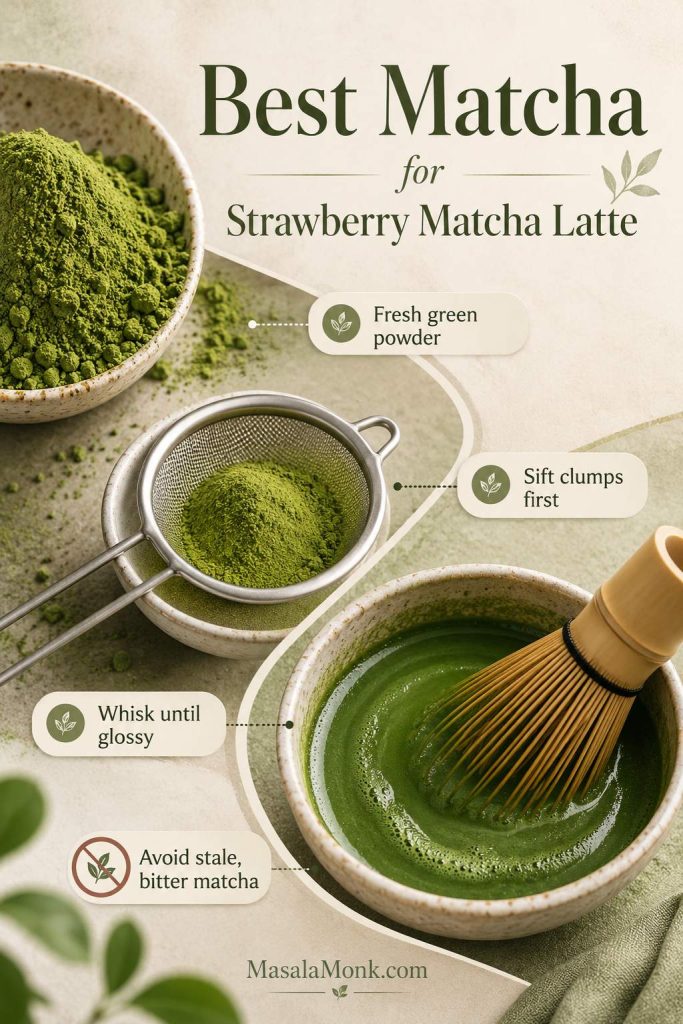 Step-by-step strawberry matcha latte process showing strawberry base, ice, milk pour, and matcha pour ending with a finished drink.