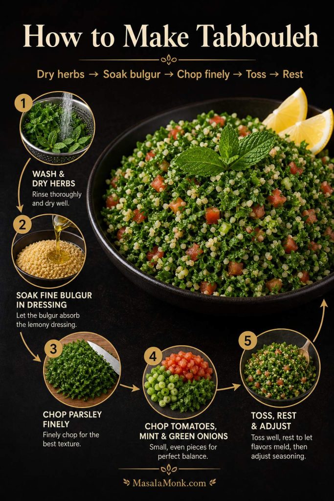A step-by-step tabbouleh method graphic showing washing herbs, soaking bulgur, chopping parsley, chopping vegetables, and tossing the salad.