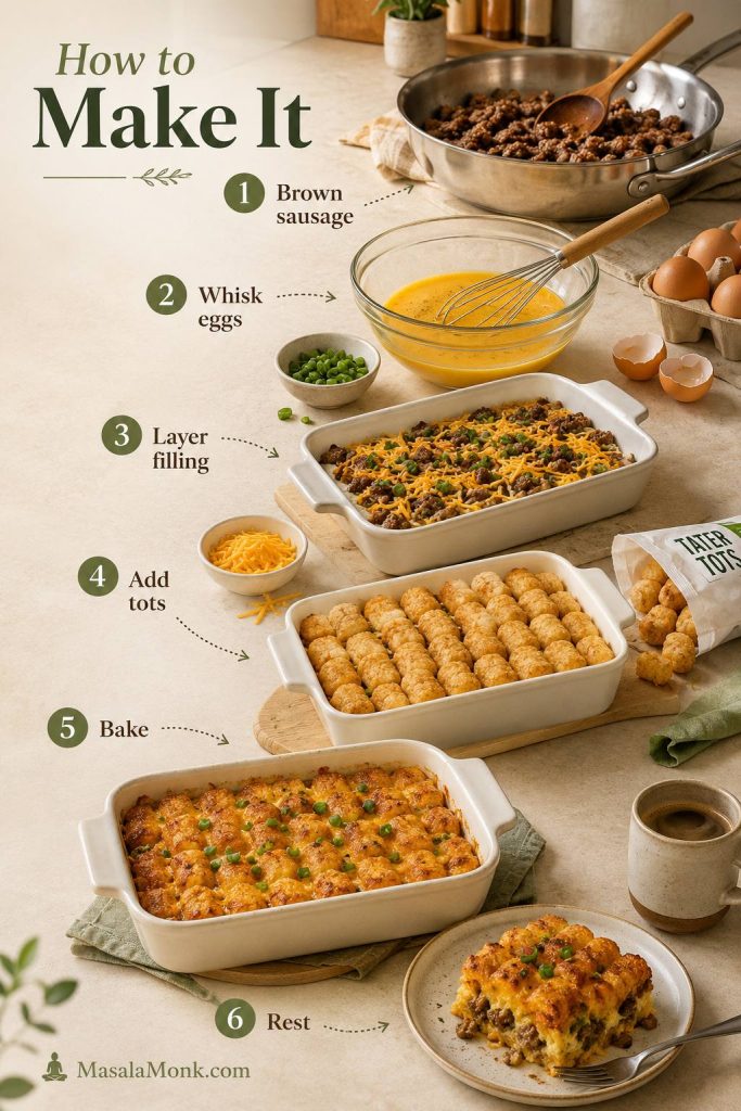 Step-by-step guide showing sausage browning, eggs whisked, filling layered, tots added, casserole baked, and slices rested.