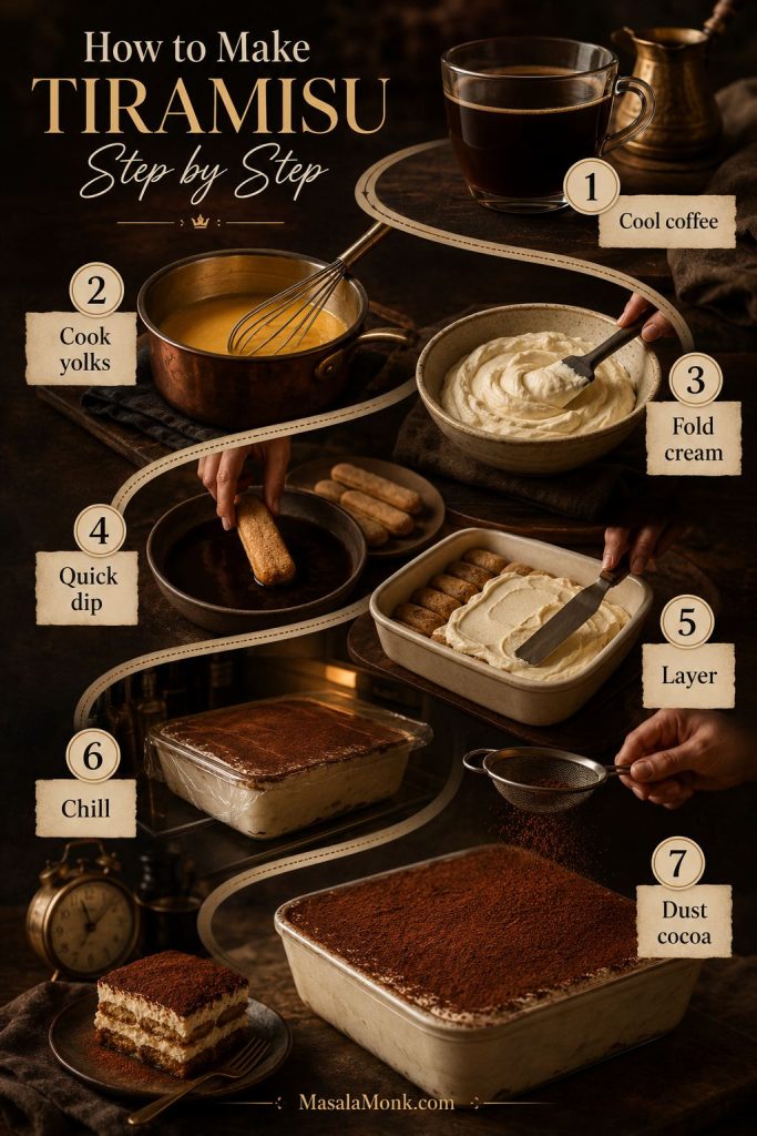 Step-by-step tiramisu guide showing cooled coffee, cooked yolks, mascarpone cream, dipped ladyfingers, layering, chilling, and cocoa dusting.