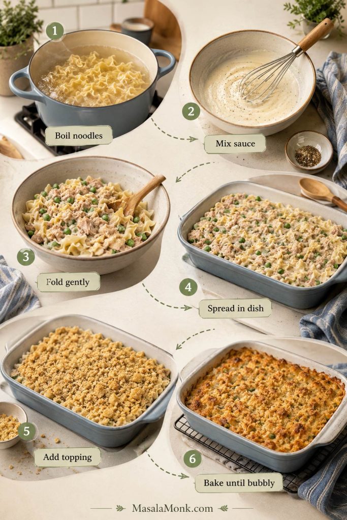 Six-step guide showing noodles, sauce, tuna and peas, casserole dish, topping, and baked tuna noodle casserole.