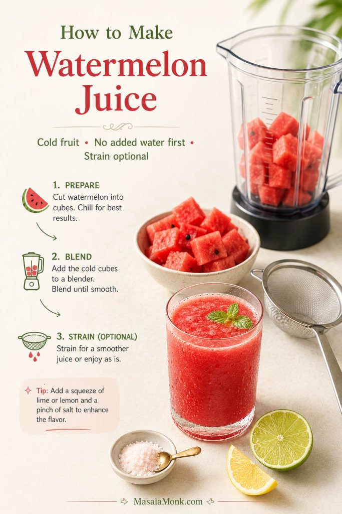 Quick guide showing watermelon cubes, lime, lemon, salt, a blender, and optional strainer for making watermelon juice.