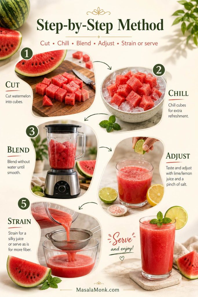 Step-by-step board showing watermelon being cut, chilled, blended, adjusted with citrus and salt, then strained or served.