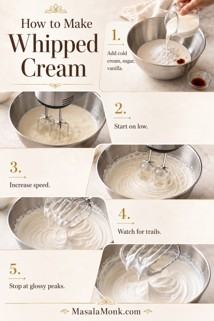 Step-by-step whipped cream process showing cream, sugar, and vanilla being added, mixed on low, whipped thicker, and stopped at glossy peaks.