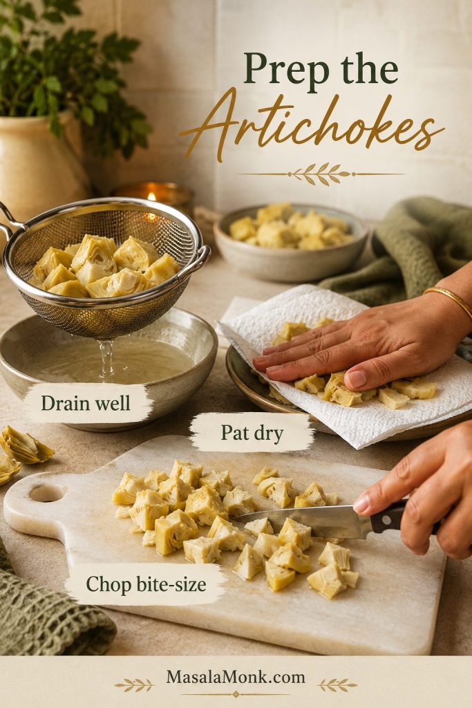 Artichoke hearts being drained, patted dry, and chopped into bite-size pieces on a cutting board.