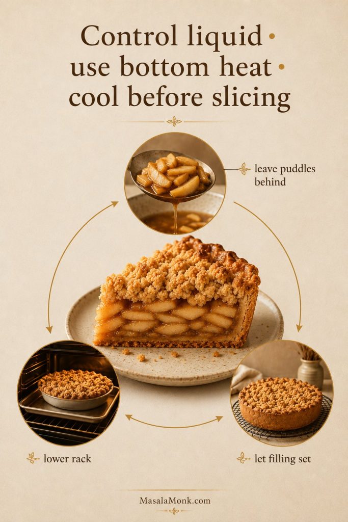 Soggy-bottom prevention board showing liquid control, lower oven rack baking, and cooling time for Dutch apple pie.