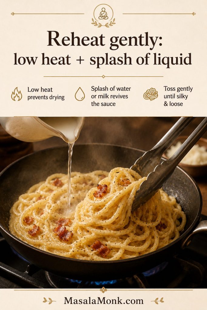 Bacon carbonara reheating in a skillet with liquid being added and tongs lifting the pasta.