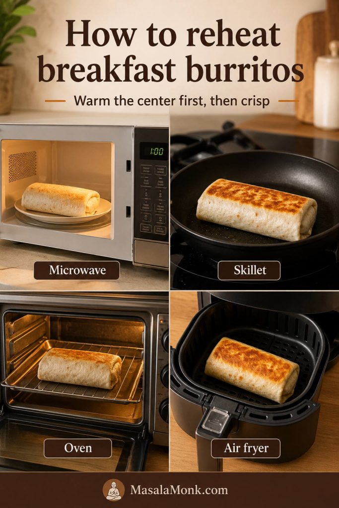 Reheating guide showing breakfast burritos in a microwave, skillet, oven, and air fryer