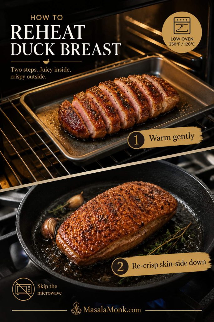 Two-step reheating guide showing duck breast warmed in a low oven and re-crisped skin-side down in a skillet