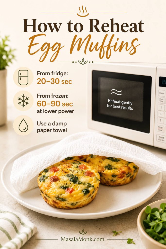 Egg muffins on a plate under a damp paper towel beside a microwave, with reheating times for fridge and frozen muffins.