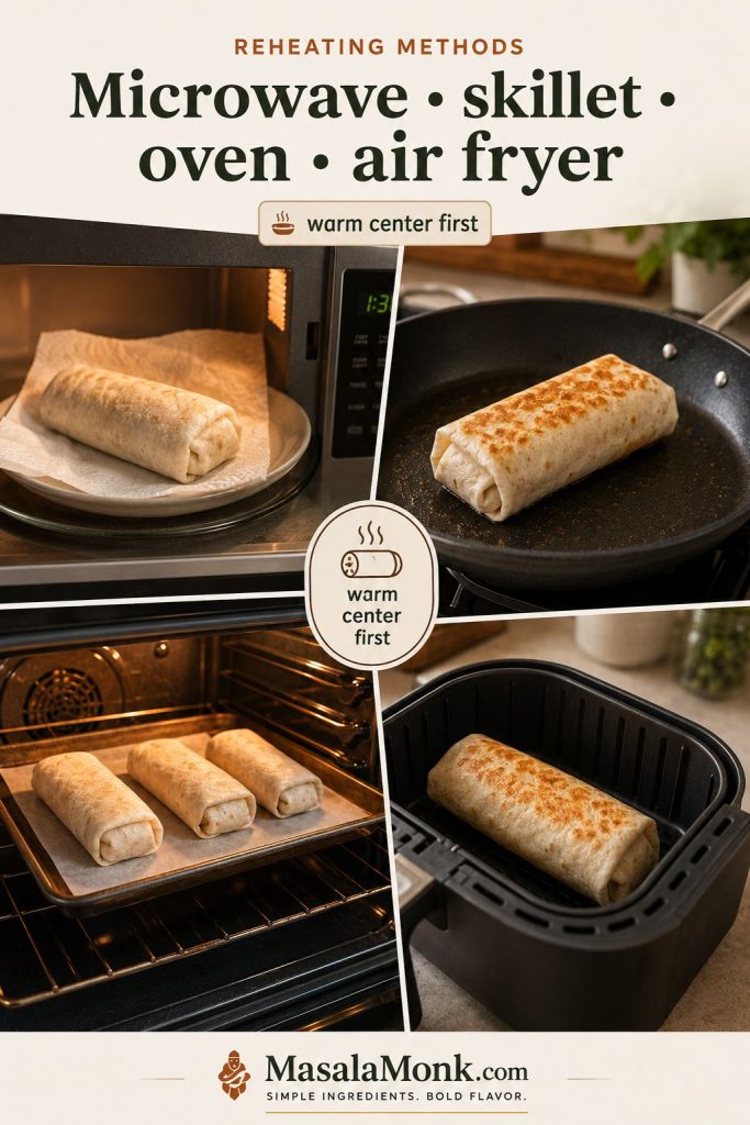 Frozen breakfast burrito reheating methods showing microwave, skillet, oven, and air fryer options.