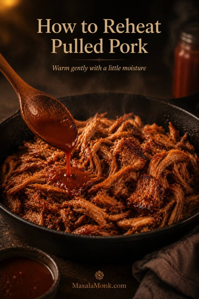 Pulled pork reheating in a skillet with a small spoonful of sauce or cooking juice added for moisture.