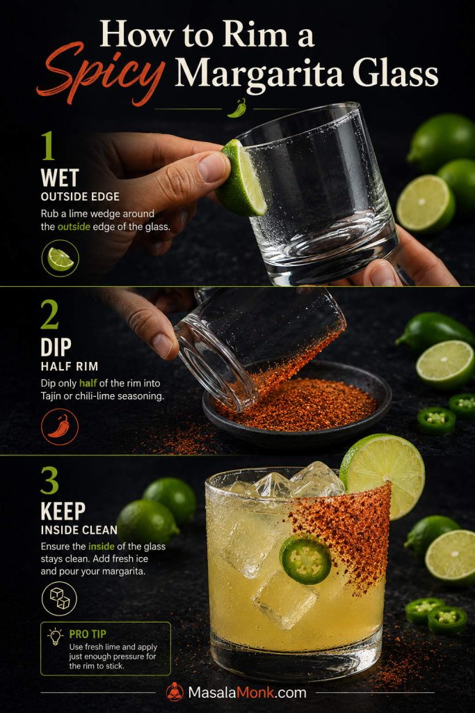 Step-by-step guide showing a rocks glass rimmed with lime and dipped halfway into Tajín for a spicy margarita.