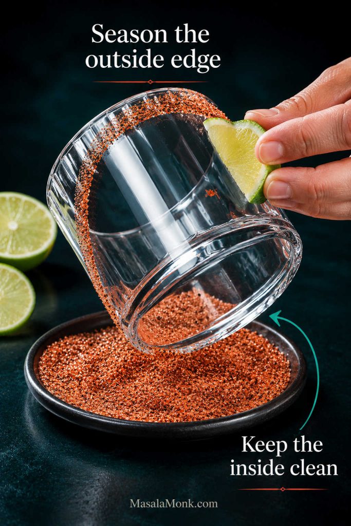 Close-up of a cocktail glass being rimmed with lime and seasoning on the outside edge.