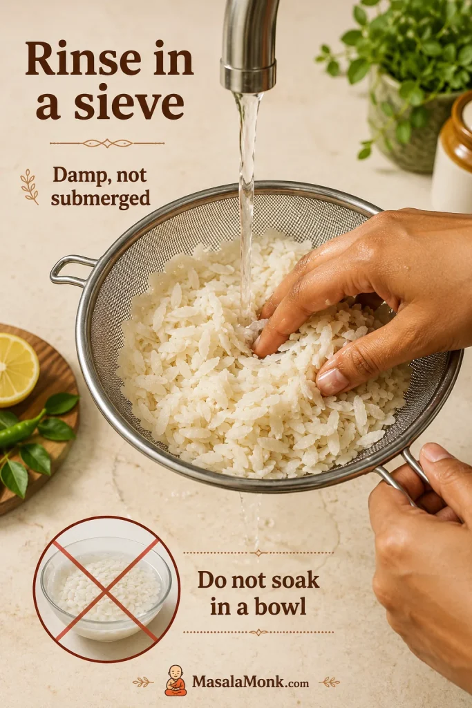 Poha flakes being rinsed briefly in a metal sieve under running water instead of soaked in a bowl.