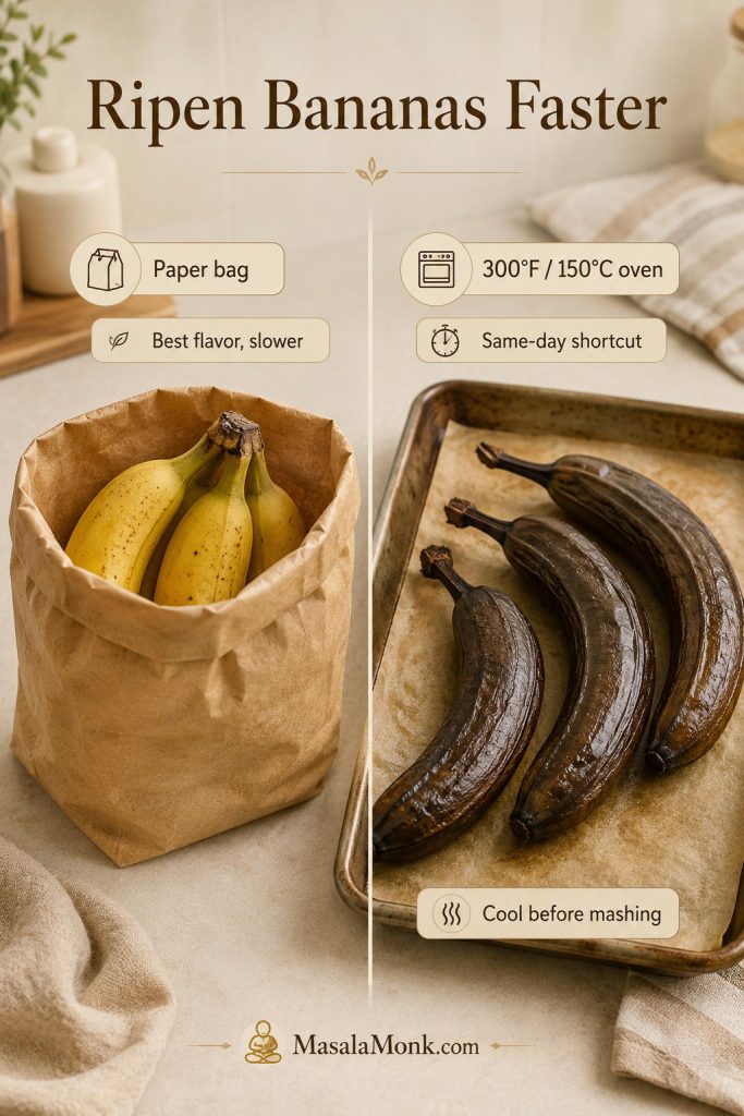 Two-method guide for ripening bananas faster, showing the paper bag method and oven-ripened bananas at 300°F.
