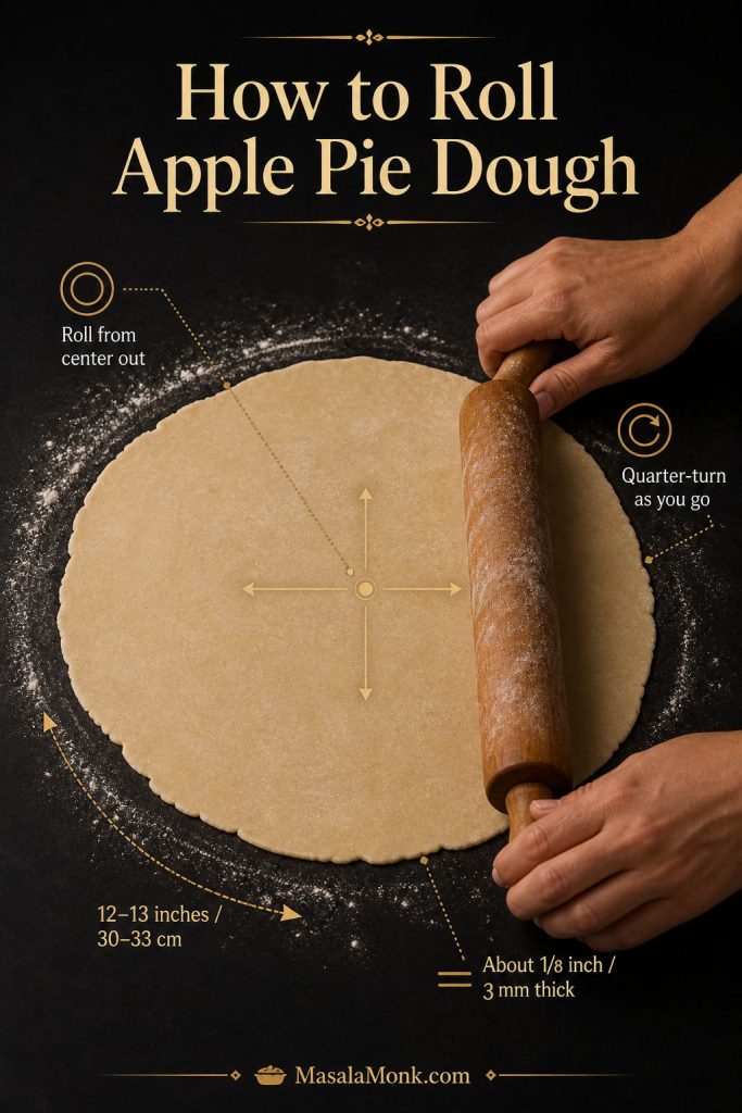 Hands rolling round apple pie dough with callouts for rolling from the center, quarter-turning, 12 to 13 inch size, and 1/8 inch thickness.