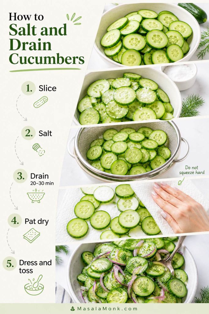 Process board showing cucumber slices being salted, drained for 20 to 30 minutes, patted dry, and dressed.
