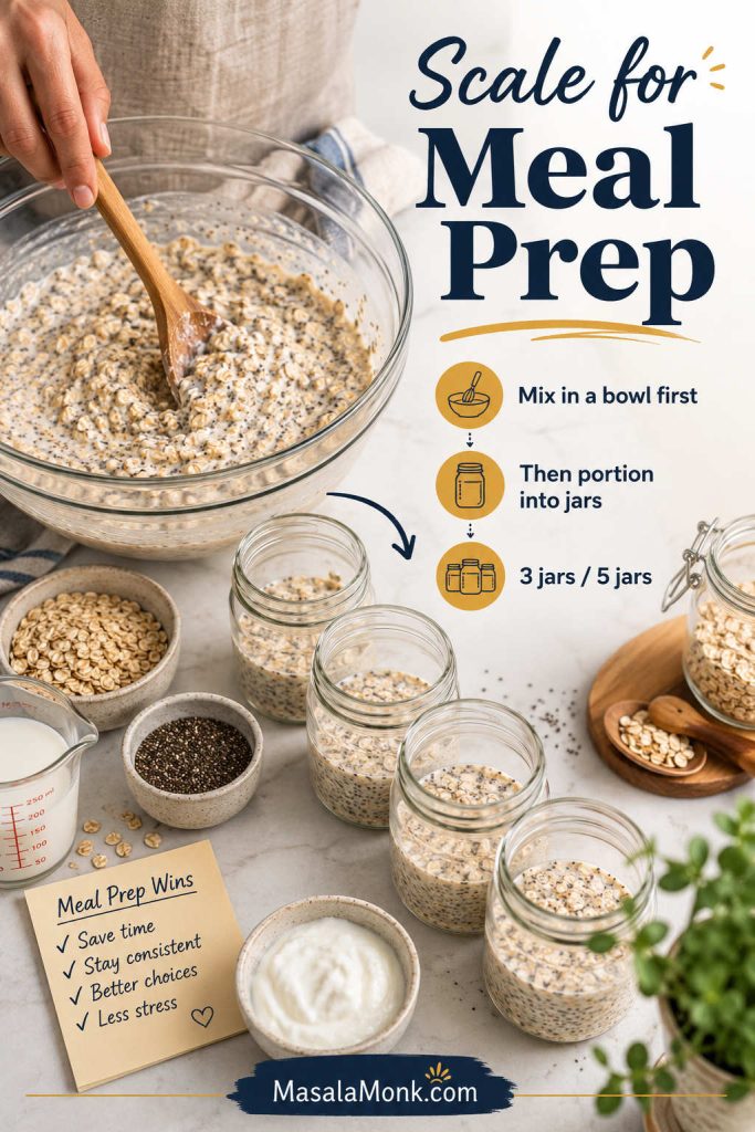 Large bowl of overnight oats being mixed and portioned into several jars for meal prep.