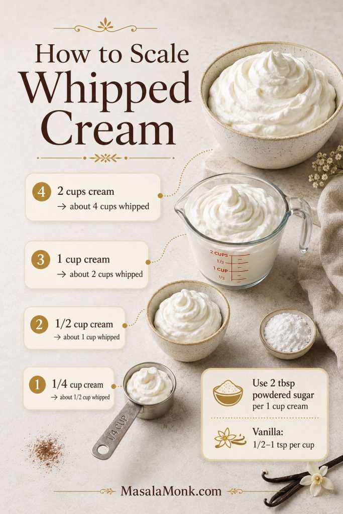Whipped cream scaling guide showing different cream amounts, powdered sugar, vanilla, approximate yield, and best uses.