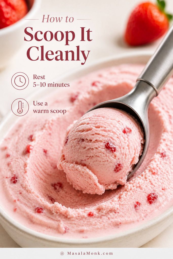 Close-up of a warm scoop lifting strawberry ice cream cleanly from a container