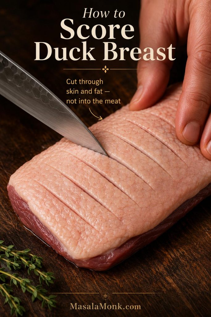 Knife scoring the skin and fat of a raw duck breast without cutting into the meat