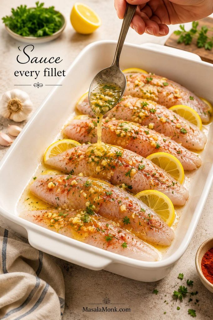 Lemon garlic butter being spooned over raw tilapia fillets arranged in a single layer in a white baking dish.