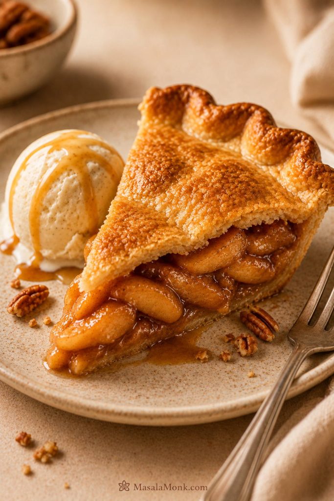Warm slice of apple pie with apple pie filling served on a plate with vanilla ice cream and a light caramel drizzle.