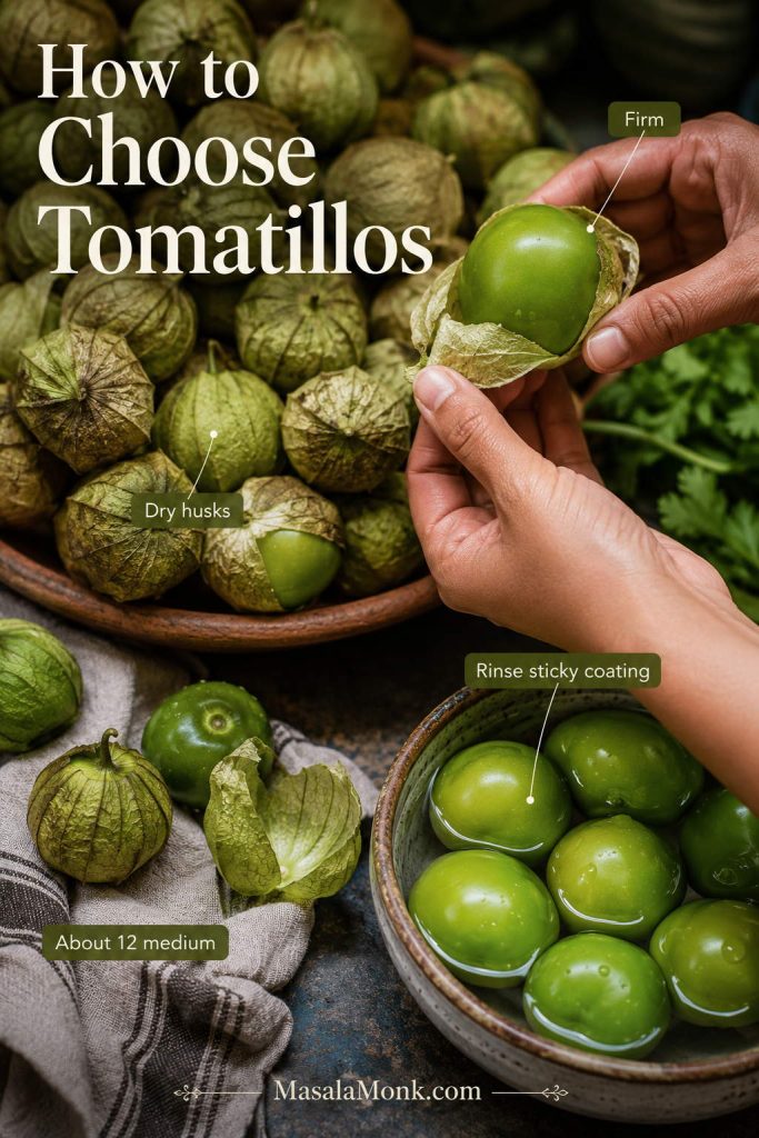 Hands choosing fresh tomatillos with papery husks, peeled tomatillos, and labels for firmness, dry husks, and rinsing